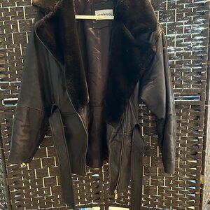 Andrew Marc Brown Leather Jacket Fur Trim